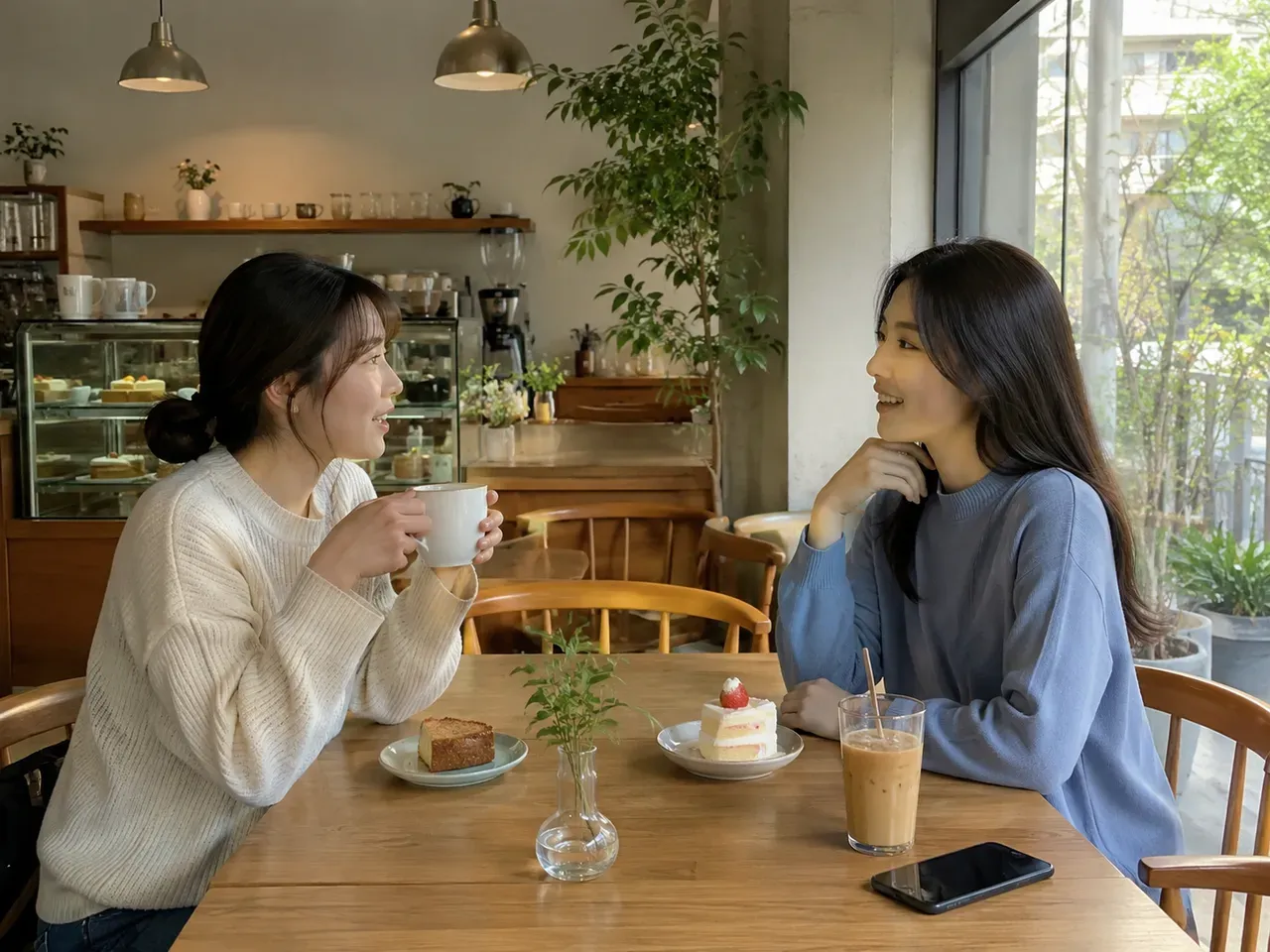 햇살이 들어오는 카페에서 커피를 마시며 이야기하는 두 사람